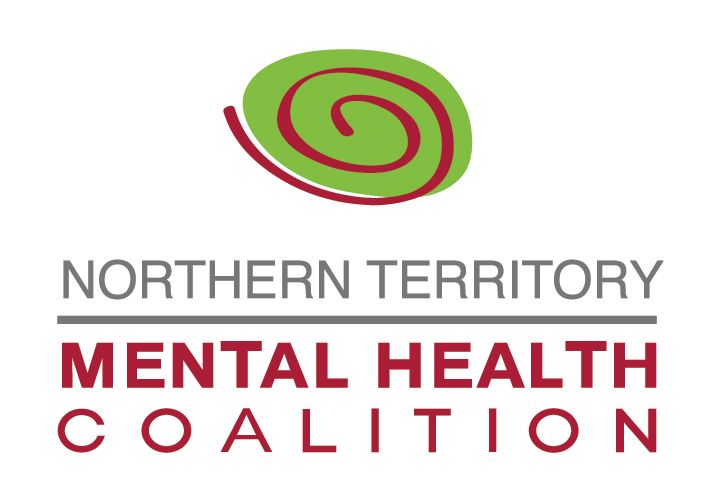 Logo for Northern Territory Mental Health Coalition featuring a stylized green spiral and red text.