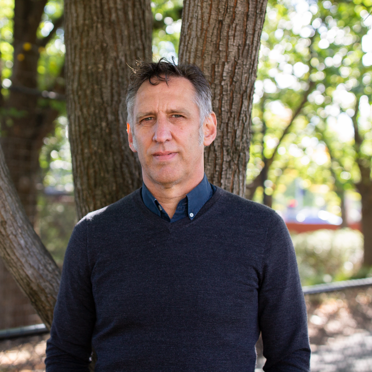 A person with dark hair wearing a dark gray sweater and a dark collared shirt, standing in front of trees.
