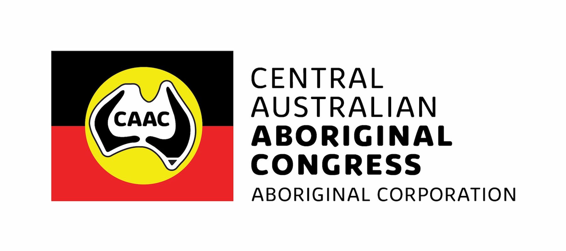 Logo for Central Australian Aboriginal Congress, featuring a black and red background with a yellow circle and CAAC text.