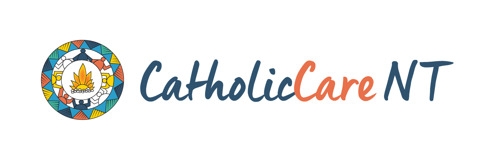 Logo for CatholicCare NT, featuring a circular, patterned icon of a campfire next to the company name in blue and orange.