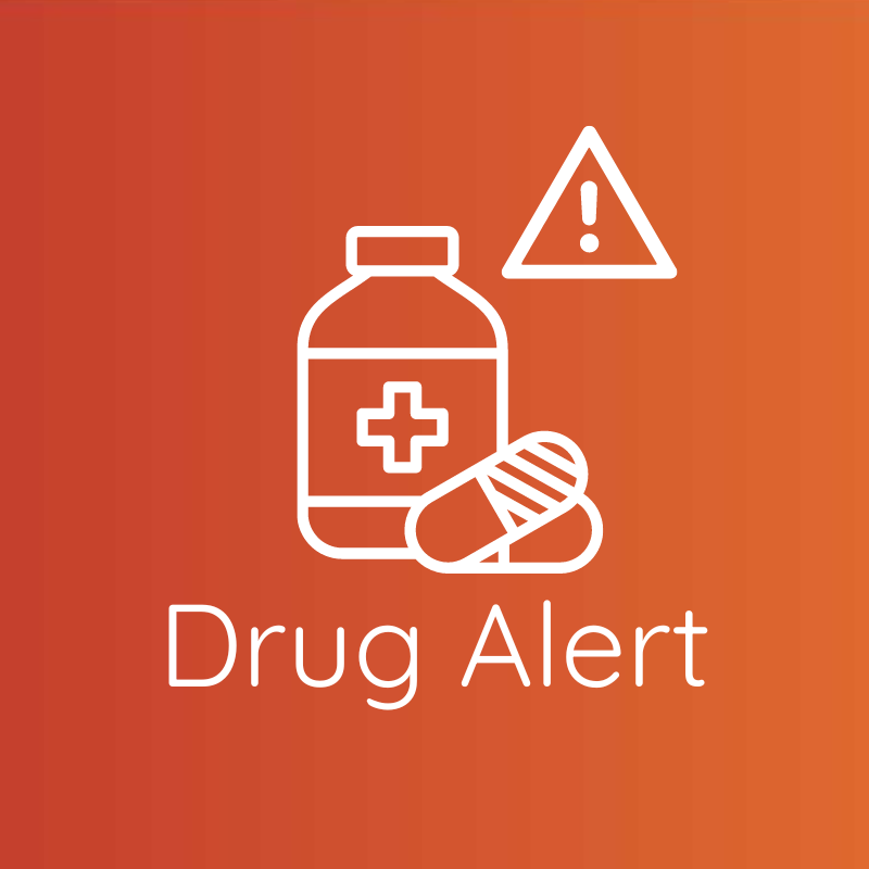 A drug alert icon with a bottle of pills and a warning sign.