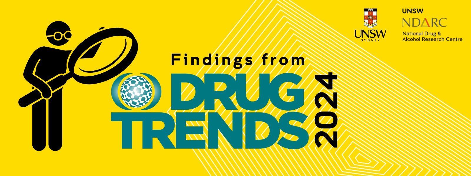 Yellow banner for Findings from Drug Trends 2024, featuring a stylized icon of a person looking through a magnifying glass.