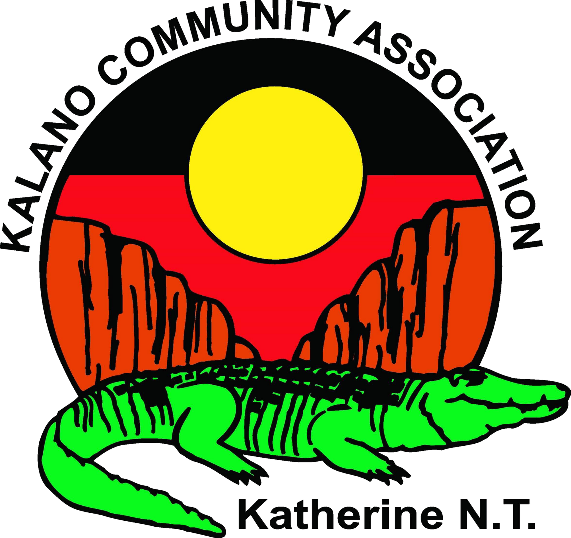 The Kalano Community Association logo, featuring a crocodile over a red and yellow landscape, inscribed 