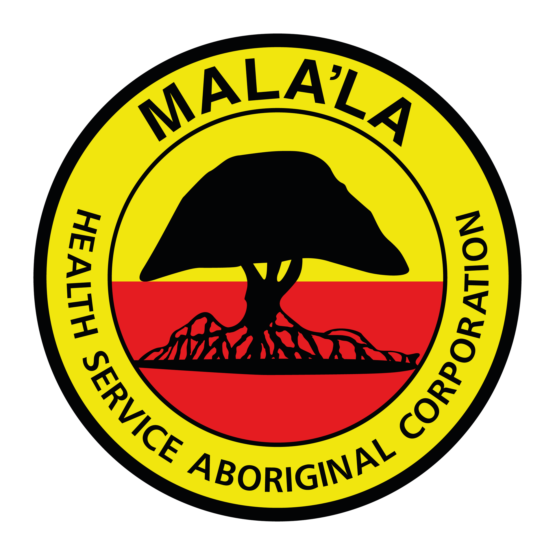 Circular logo with a mangrove tree, yellow and red background, and the text 