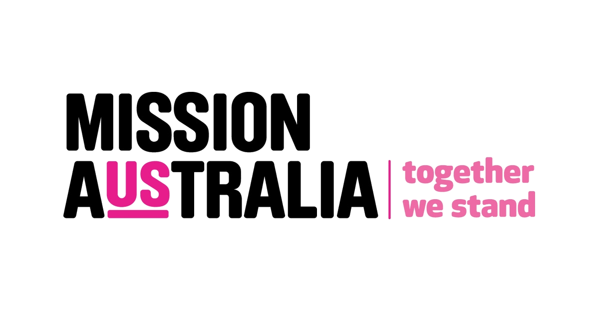 Mission Australia logo with black text, pink 