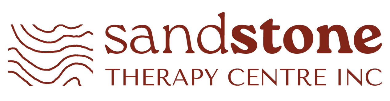 Logo for Sandstone Therapy Centre Inc, featuring a brown wavy line icon next to the company name in brown text.