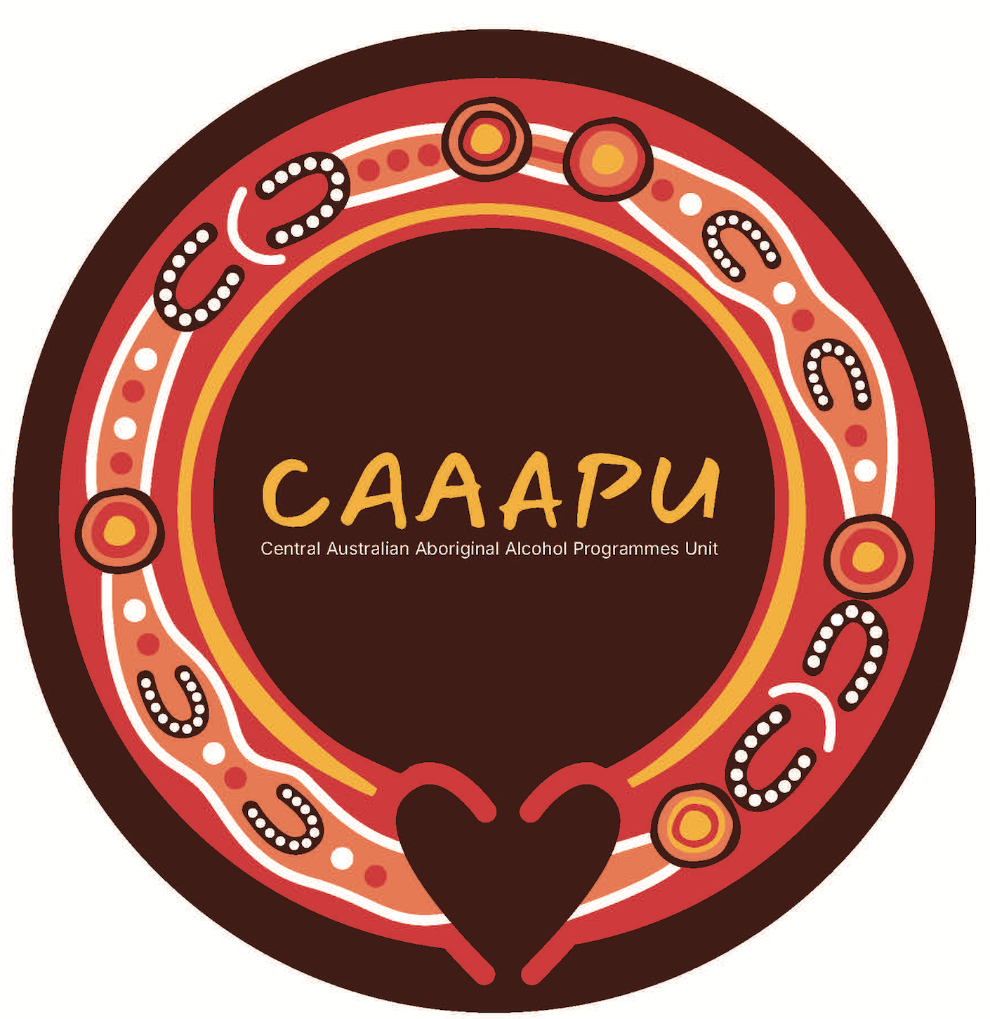 Logo for CAAAPU featuring a circular design with Indigenous-style art, brown center text, and a heart shape at the bottom.