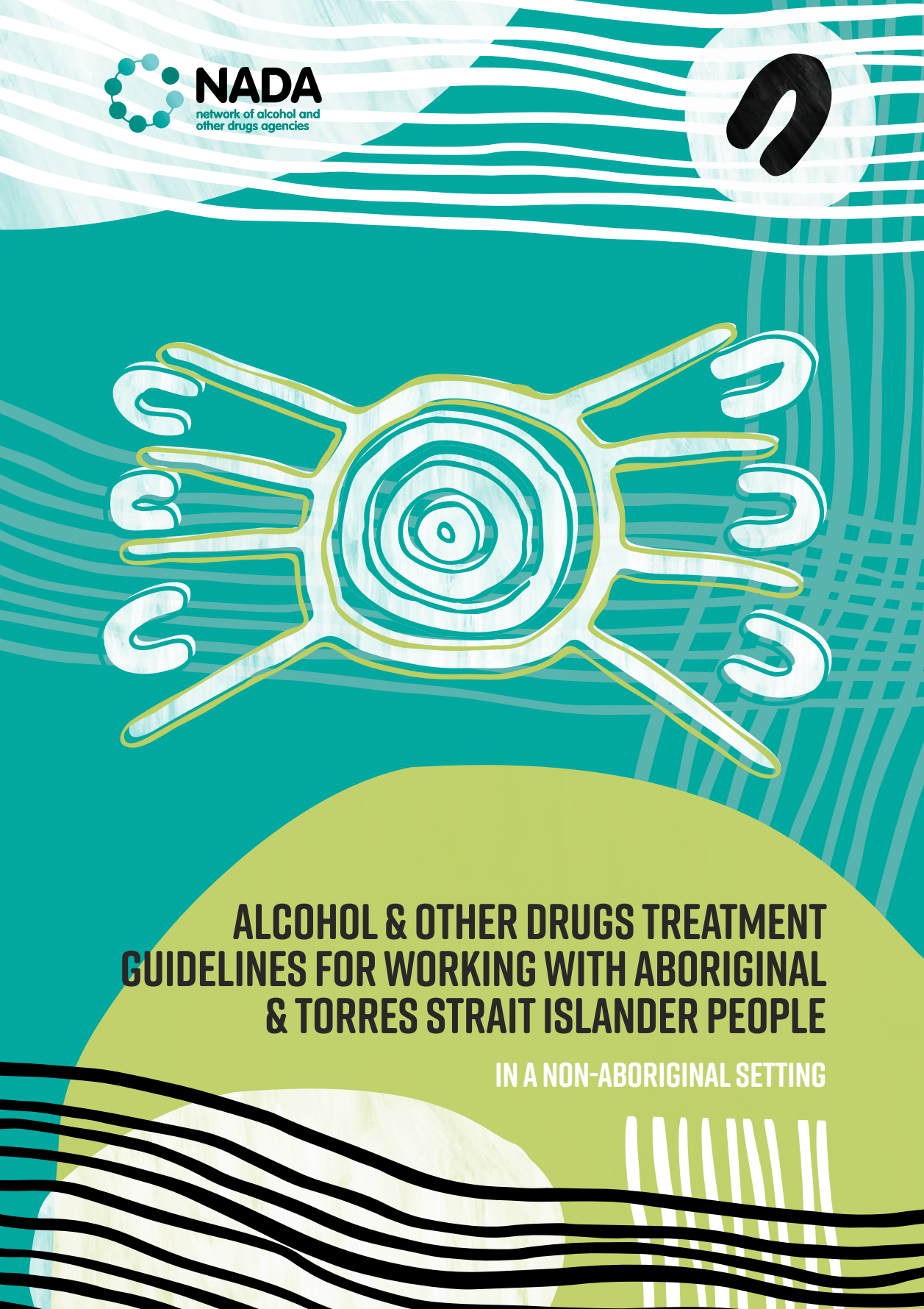 Cover of a NADA guideline document with abstract Indigenous-style artwork on a teal background.