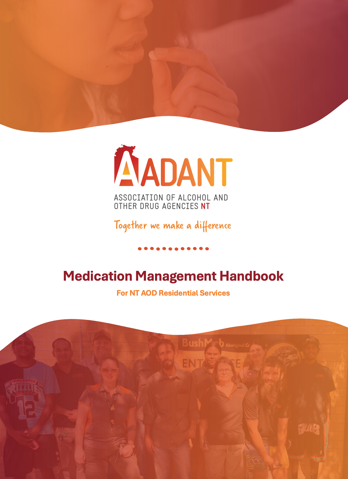 Cover of the AADANT Medication Management Handbook featuring a person taking a pill and a group of people below.