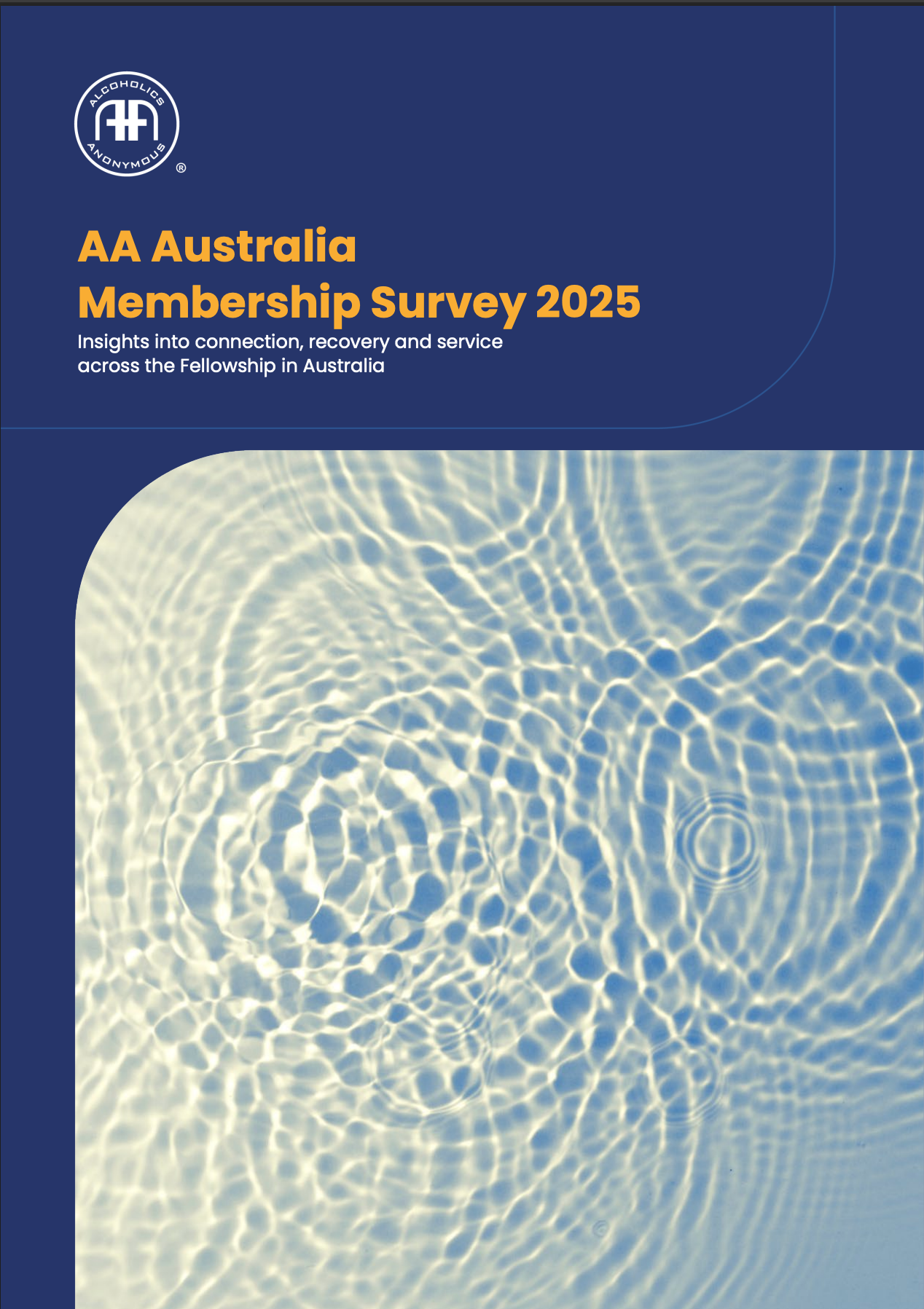 Cover page for the AA Australia Membership Survey 2025 with blue text and a water ripple background.