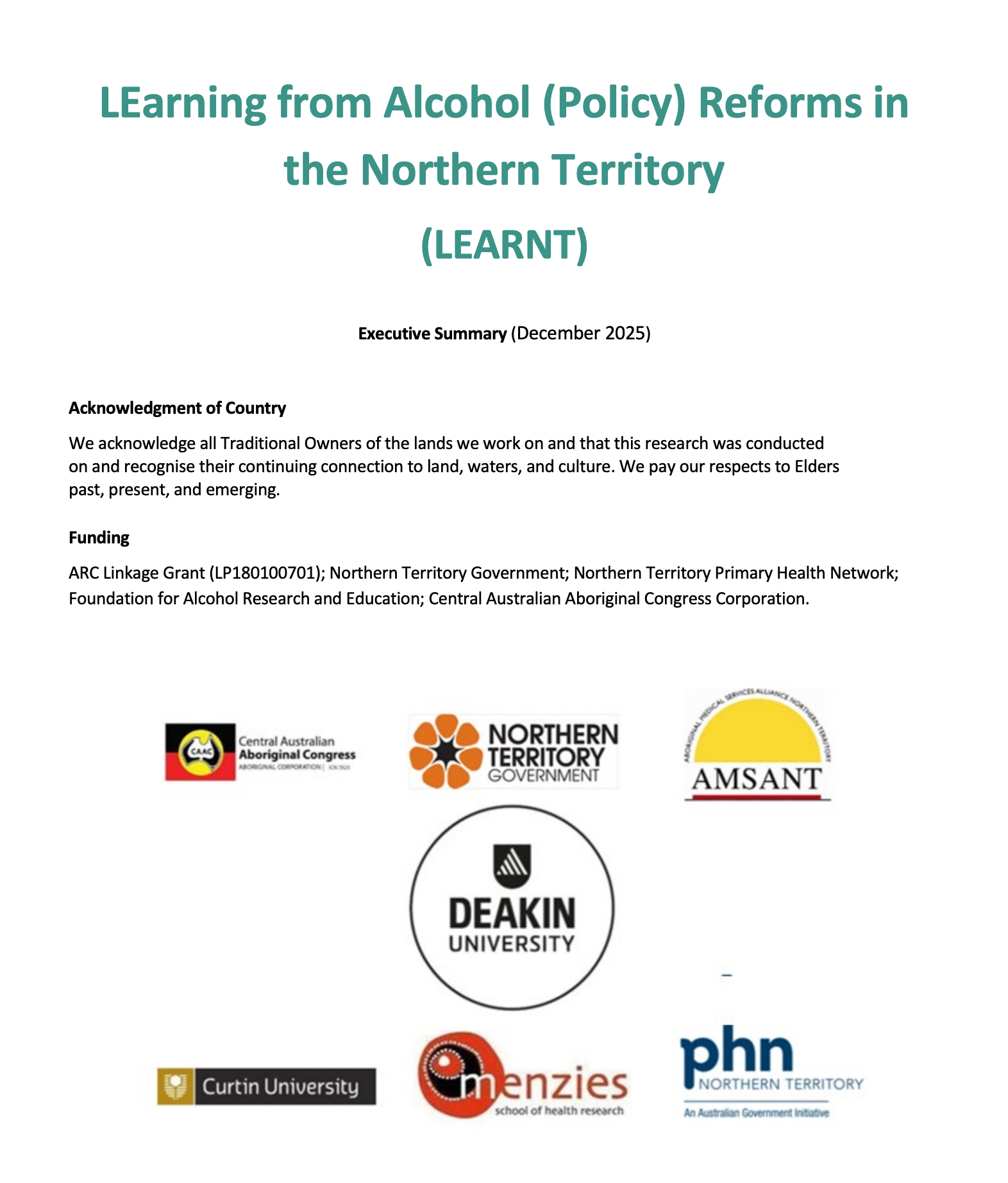Title page of the LEARNT research project report, listing funding partners and featuring their organizational logos.