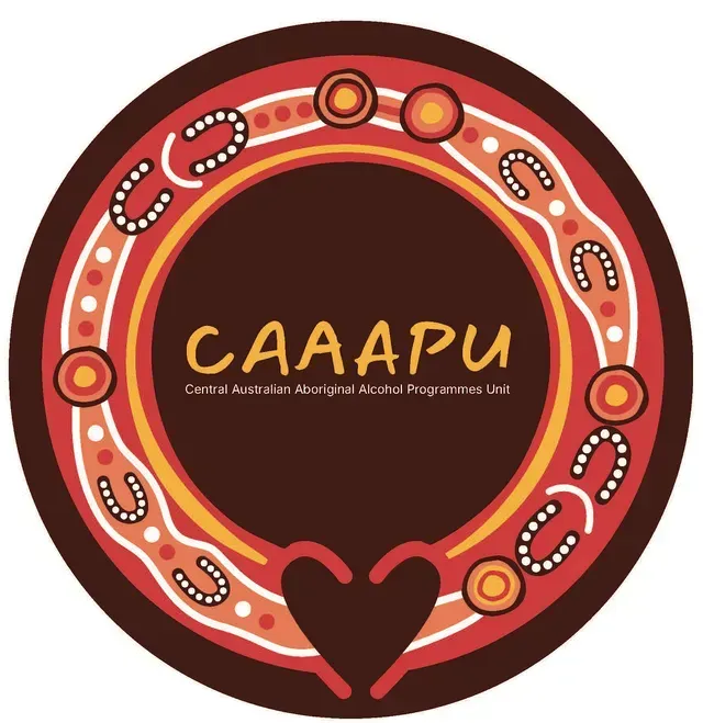 A circular logo with traditional Aboriginal Australian art patterns in red and orange, featuring the text 
