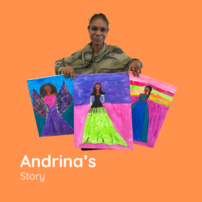 A woman is holding a painting of a woman in a green dress