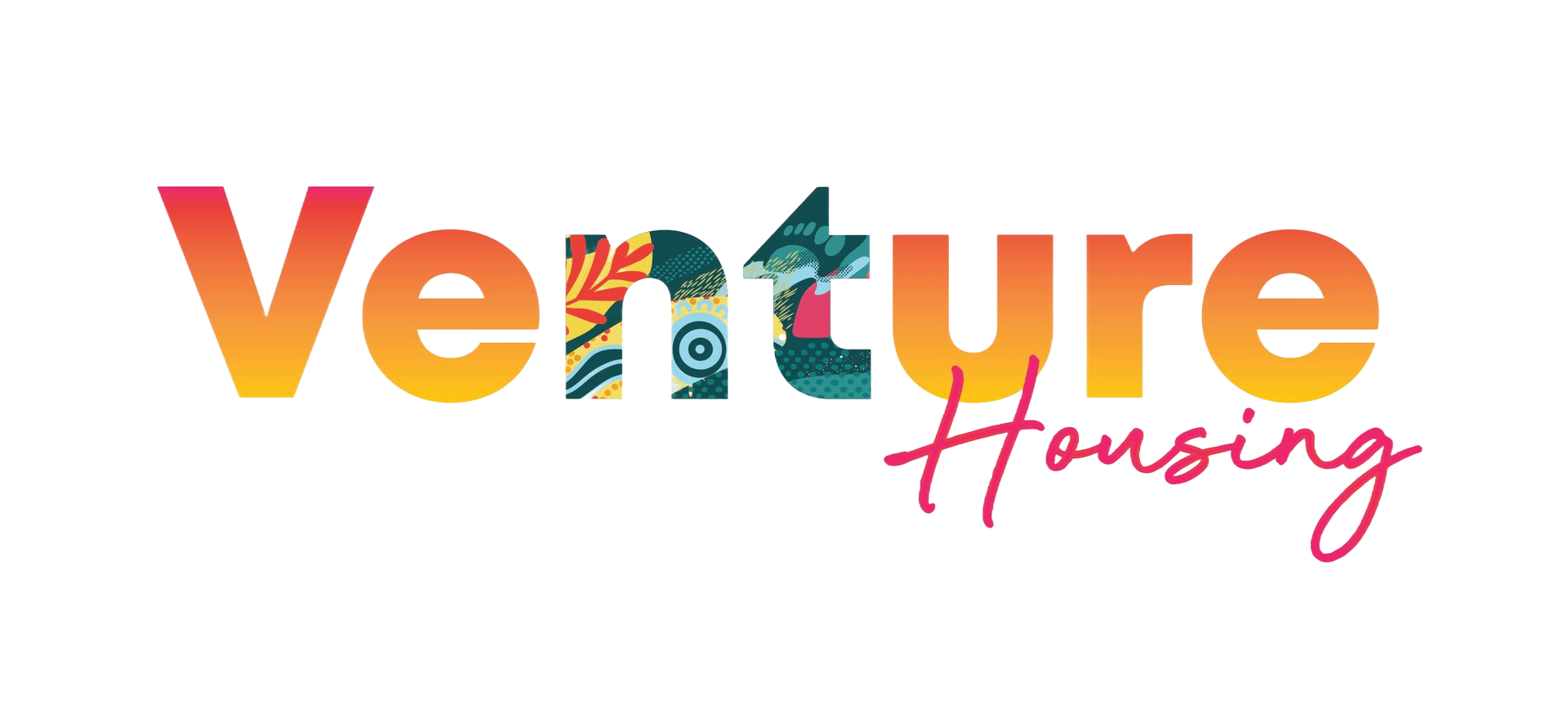 A logo for Venture Housing with the text in a red-to-yellow gradient, featuring floral patterns on the letters 'n' and 't'.