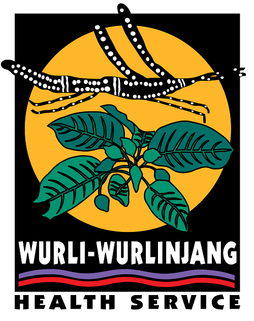 Logo for Wurli-Wurlinjang Health Service featuring a plant and insect on a yellow sun against a black background.