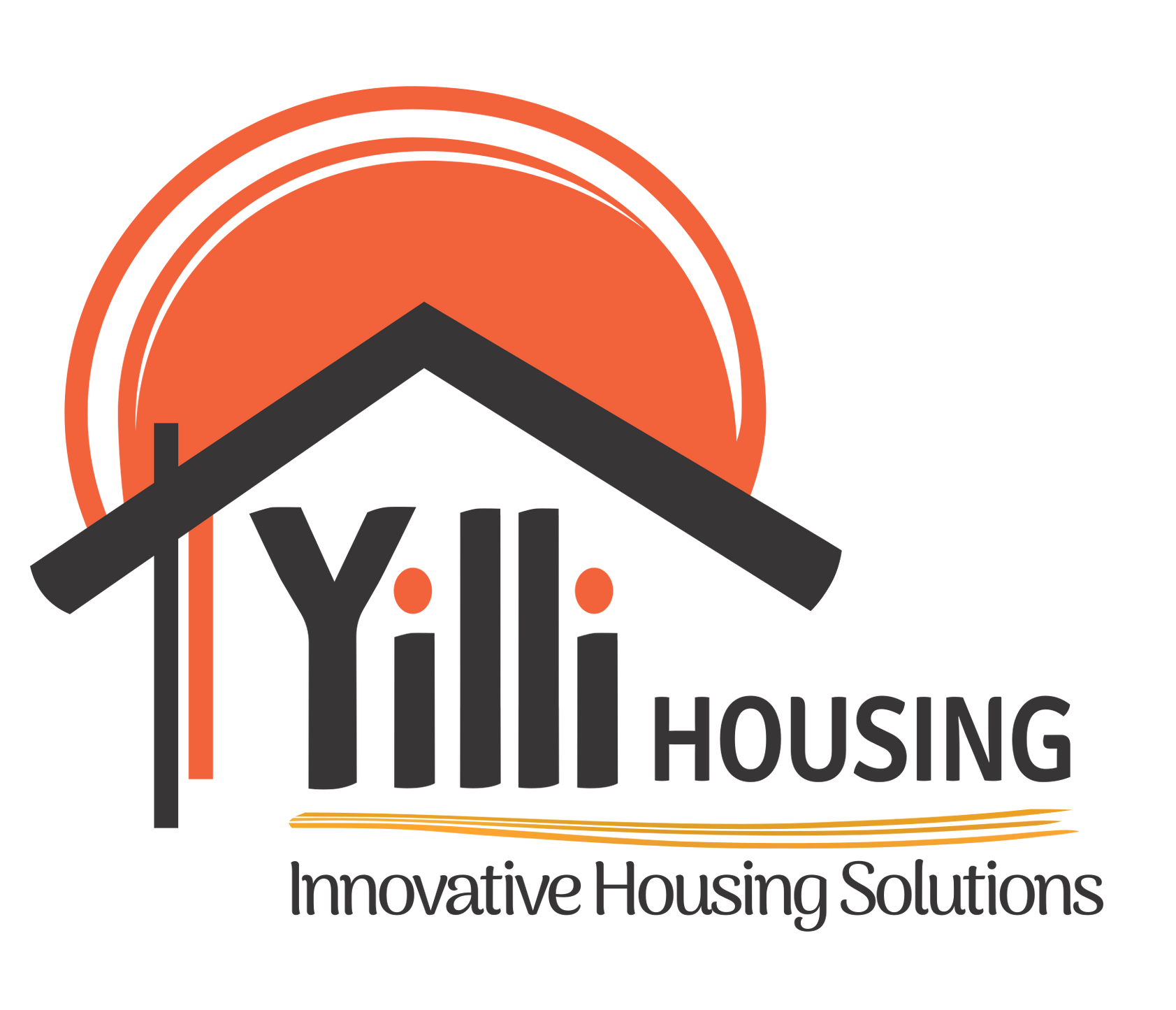 Logo for Yilli Housing with a stylized orange sun, a dark gray roof silhouette, and the text 