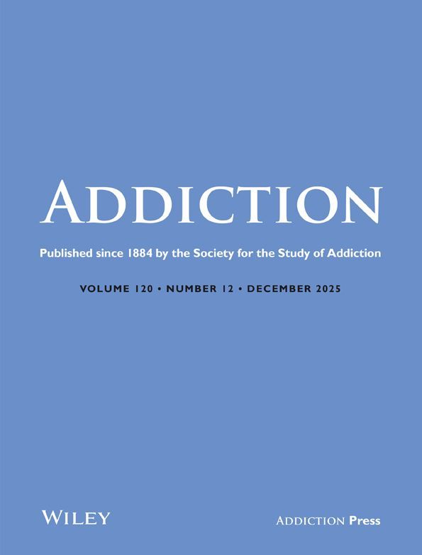Blue cover of the December 2015 issue of Addiction journal, published by the Society for the Study of Addiction.