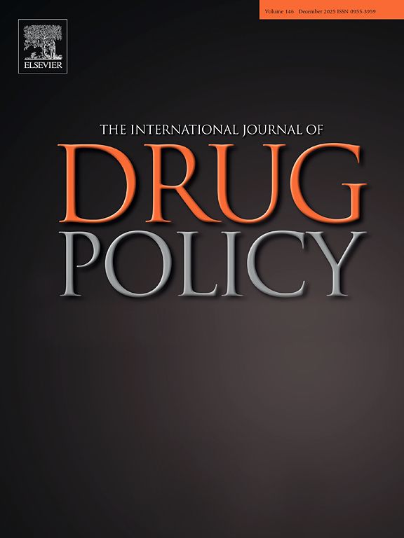The cover of The International Journal of Drug Policy, featuring the title in orange and grey text on a dark background.