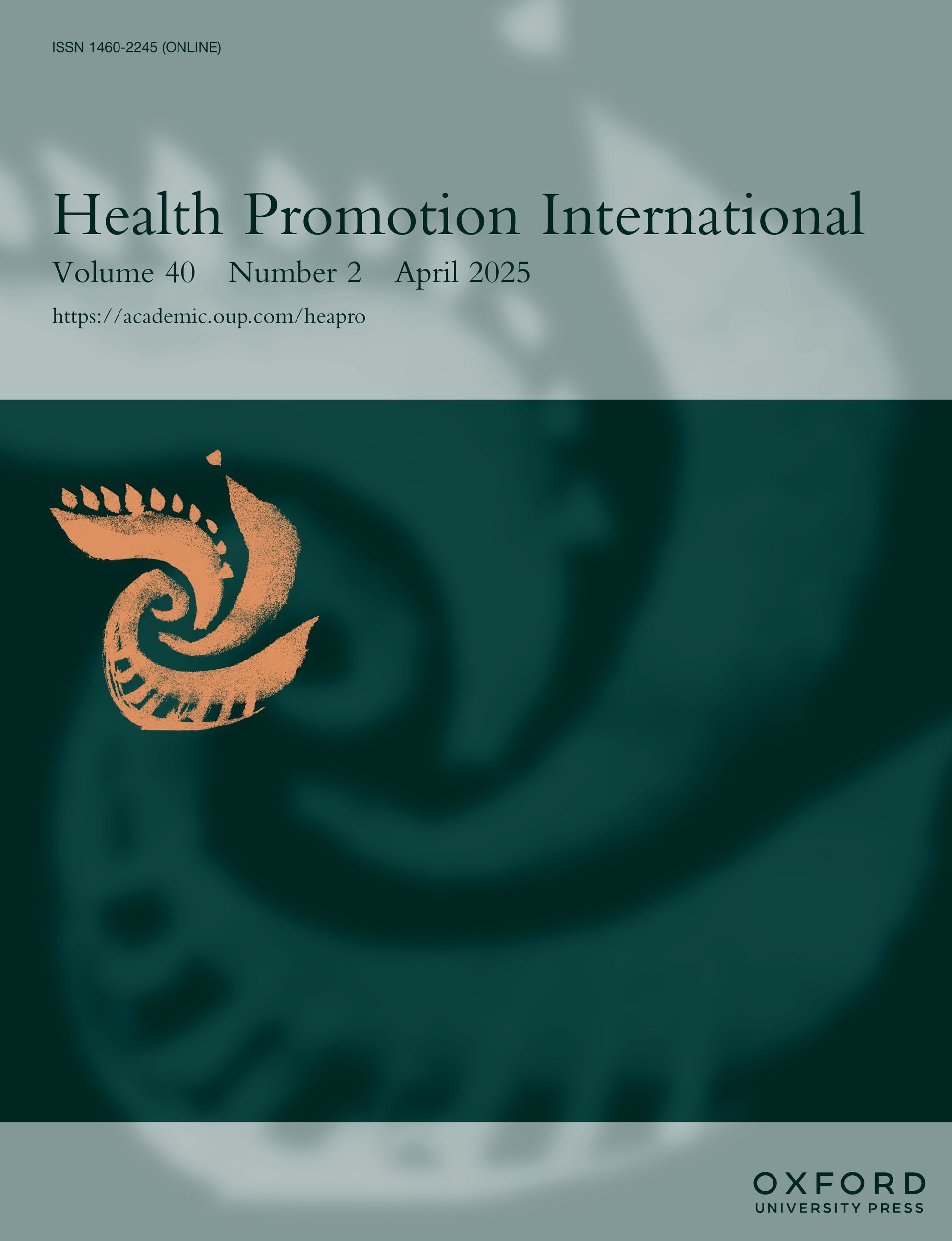 Cover of Health Promotion International journal, volume 38, number 2, April 2023, featuring a stylized orange swirl graphic.