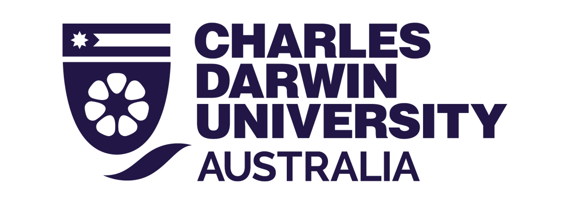 Charles Darwin University logo with a dark purple shield icon featuring a stylized flower and text.