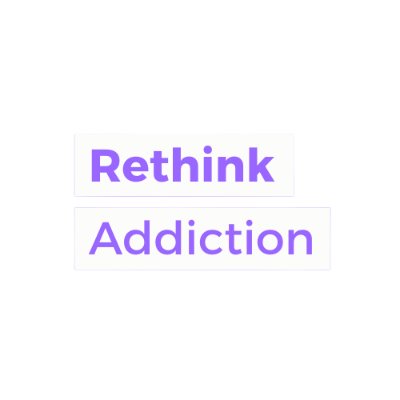 A purple logo that says rethink addiction on a white background.
