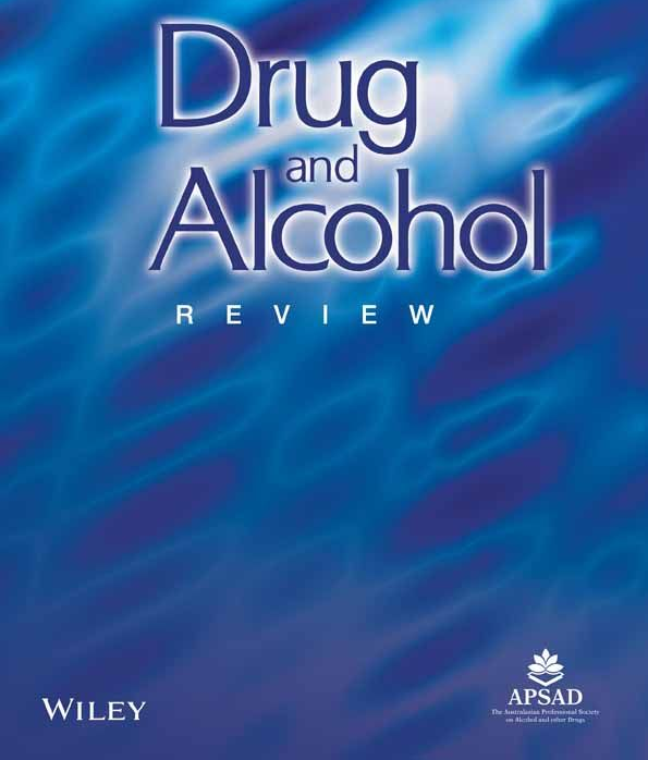 Cover of Drug and Alcohol Review journal featuring a blue, abstract wavy background with text and Wiley and APSAD logos.