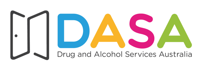Logo for Drug and Alcohol Services Australia (DASA) featuring a black open door icon next to colorful DASA text.