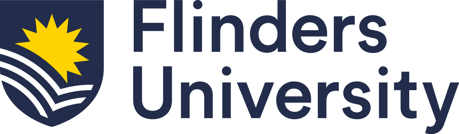 Flinders University logo featuring a blue shield with a yellow sun rising over stylized waves, next to the text.