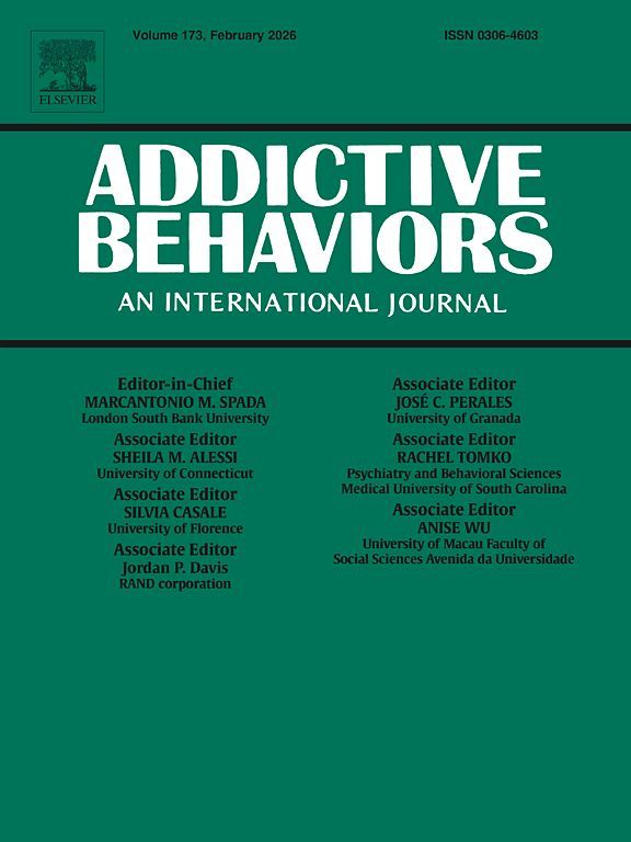 The cover of the academic journal Addictive Behaviors, featuring its title and list of editors on a solid green background.
