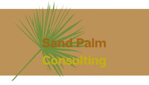 A logo for sand palm consulting with a palm leaf
