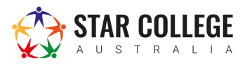 Logo for Star College Australia, featuring five colored human figures in a circular formation around a white star.