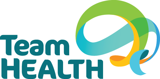 Team Health logo featuring dark teal text next to a vibrant, looping ribbon graphic in shades of green, blue, and yellow.