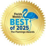 Gold seal for Florida Weekly's Best of 2025, The Flamingo Awards, with a blue flamingo on the center.