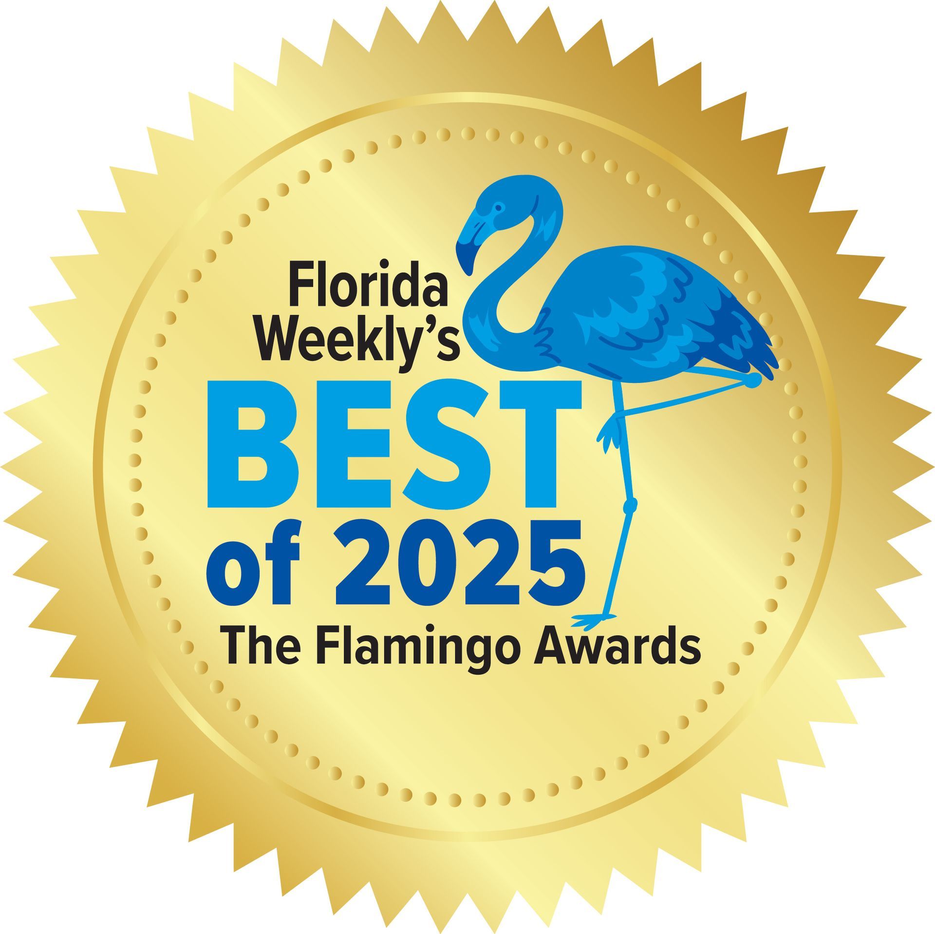Gold seal for Florida Weekly's Best of 2025, The Flamingo Awards, with a blue flamingo on the center.