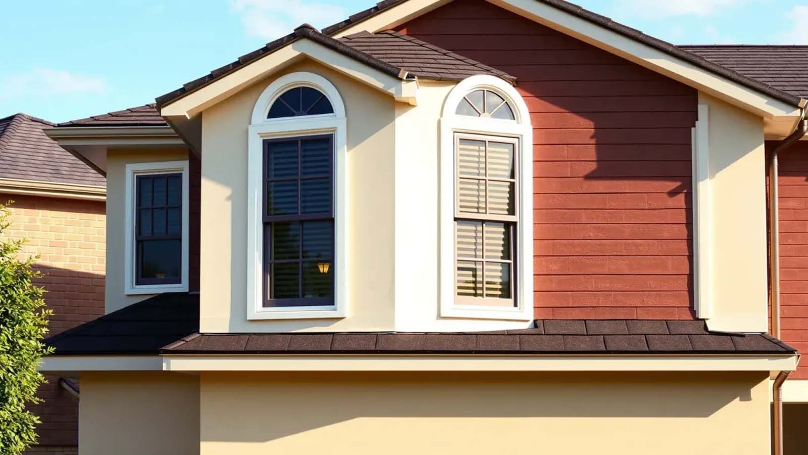 A house with red siding and white windows has a roof.