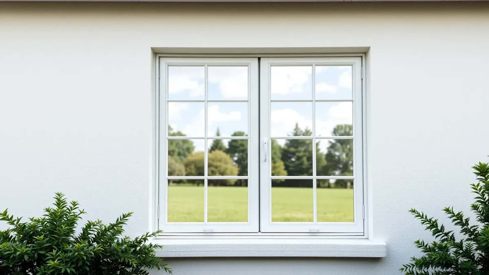 A white window on the side of a house with a view of a field.
