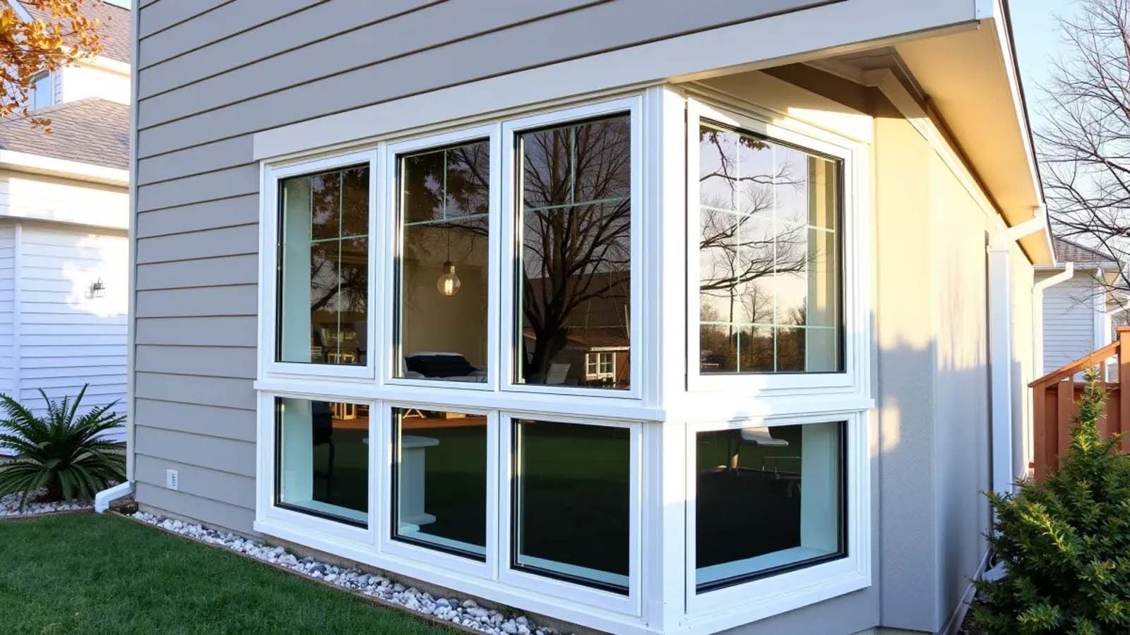 A house with a large window on the side of it.