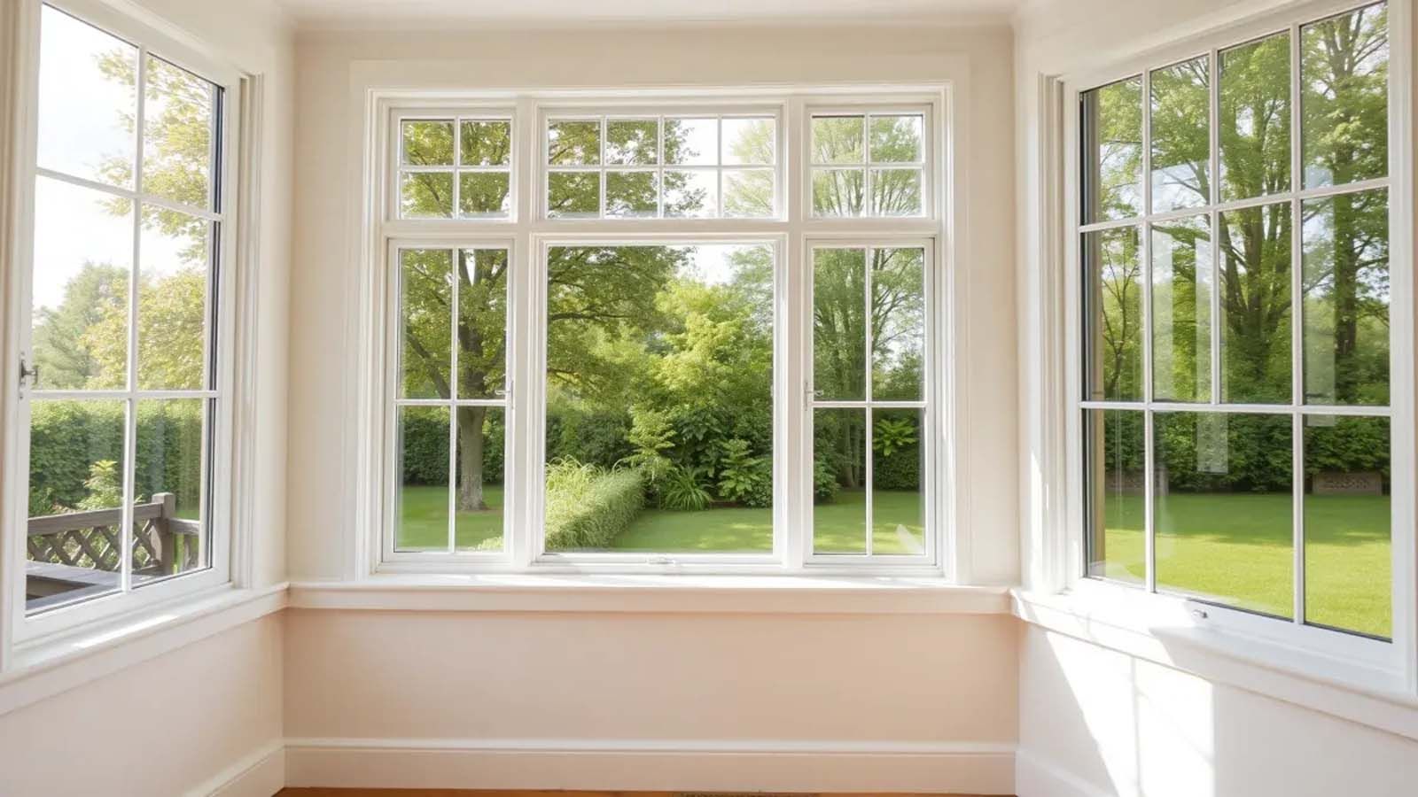A room with a lot of windows and a view of a garden.