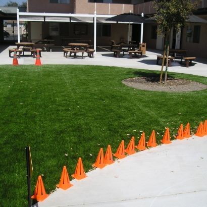 orange cones along sidewalk and turf
