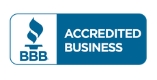 BBB Accredited Business seal: Blue and white logo with flame, 