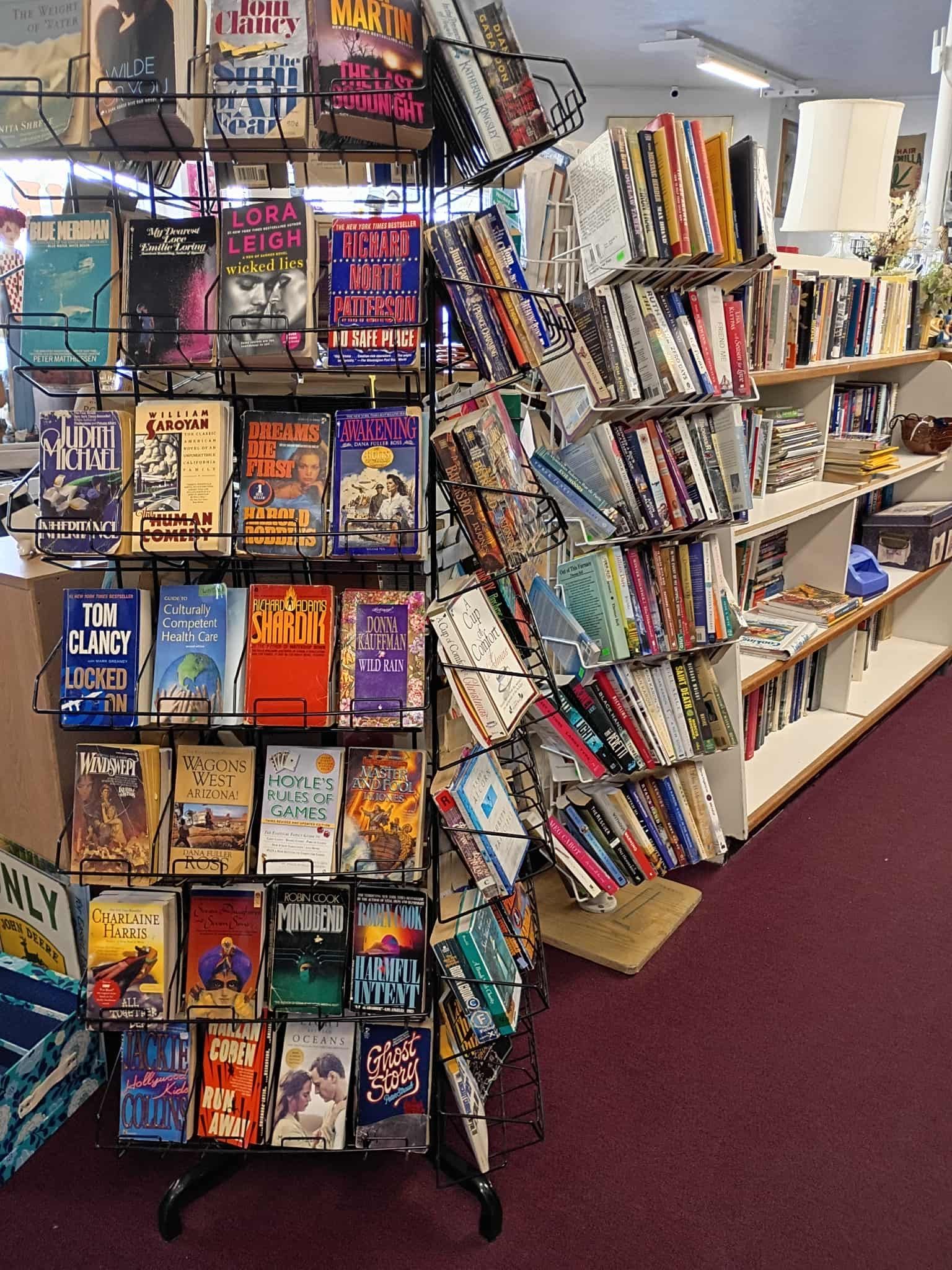 Books on wire display rack in a bookstore. Shelves on the right side filled with books.