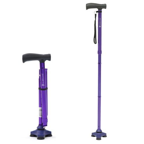 A purple cane with a black handle on a white background.