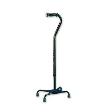 A black cane with four legs and a black handle on a white background.
