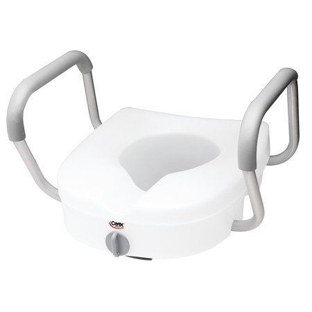 A white toilet seat with gray handles on a white background.