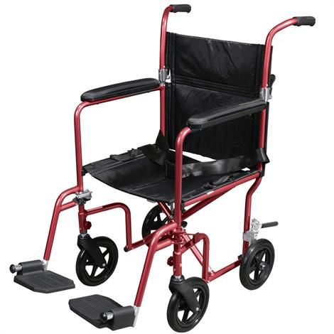 A red wheelchair with black wheels and a black seat on a white background.