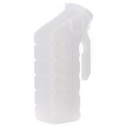 A white plastic urinal with a handle on a white background.