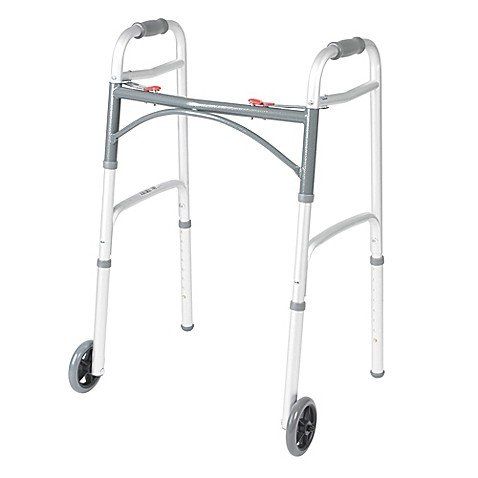 A walker with wheels on a white background.