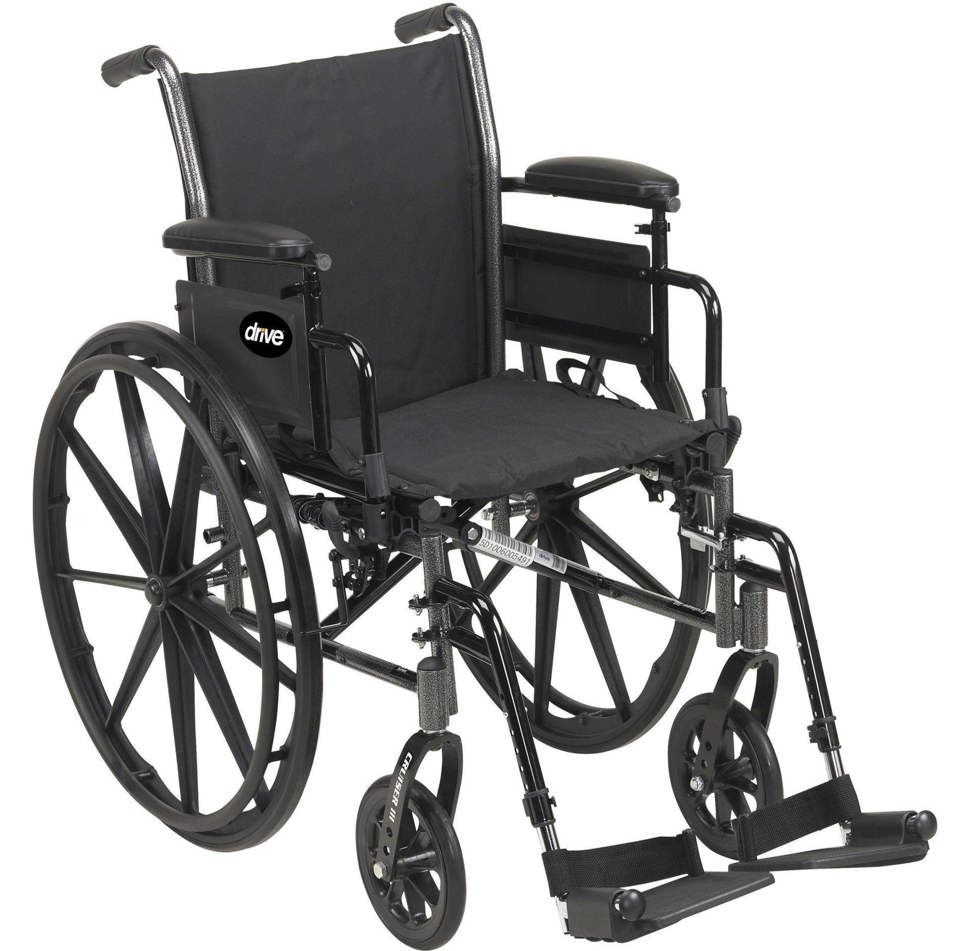 A black wheelchair is sitting on a white background.