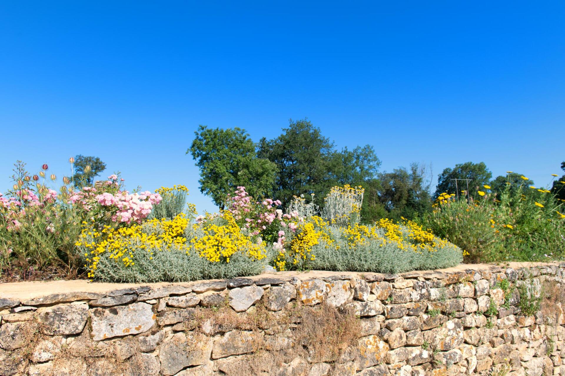a rock retaining wall with flowers