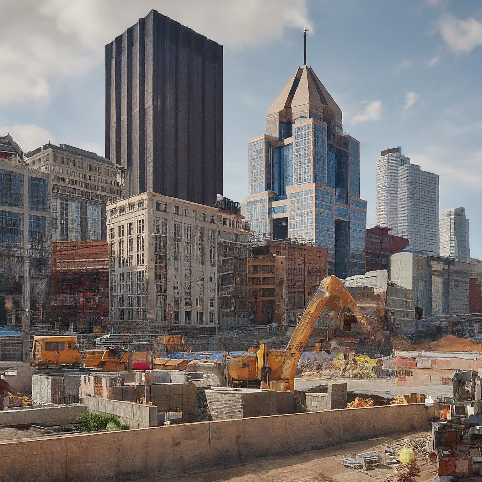 Construction site with excavators and retaining walls in downtown Pittsburgh, with skyscrapers under blue sky in the background